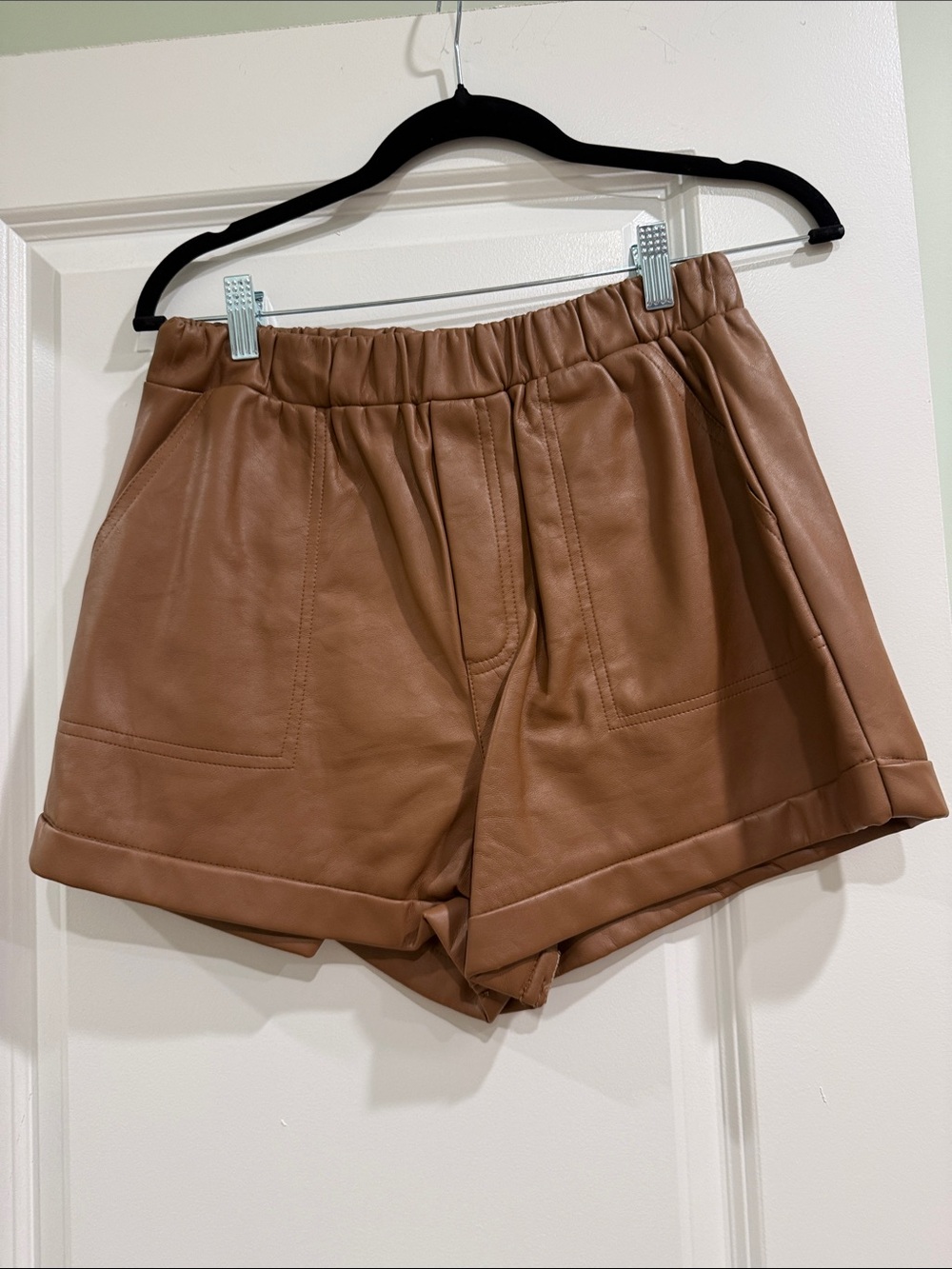 Mustard Seed Faux Leather High-Waist Shorts in Tan Brown
